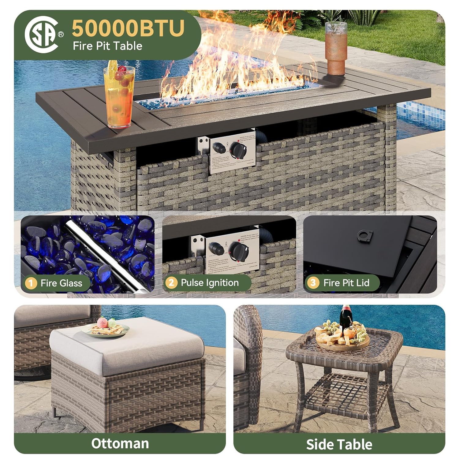 Ensemble de patio en osier 7 p - Outdoor Furniture Fire Pit Set avis et prix